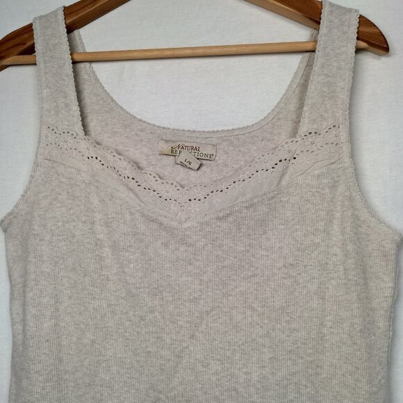 Natural Reflections Tank Top Size Large Beige Ribbed Eyelet Lace Trim Cotton Y2K - Picture 9 of 14